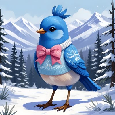 A Cute Blue Bird Wearing A Winter Hat And Scarf Standing In A Snowy Forest Landscape With Mountains In The Background 85 0ec5