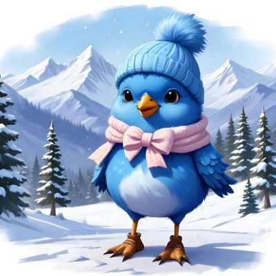 A Cute Blue Bird Wearing A Winter Hat And Scarf Standing In A Snowy Forest Landscape With Mountains In The Background 89 9286