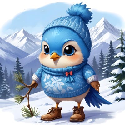 A Cute Blue Bird Wearing A Winter Hat And Scarf Standing In A Snowy Forest Landscape With Mountains In The Background 93 Af23