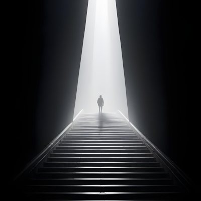 A Lone Person Walking Up A Long Dark Staircase Leading To A Bright Light At The Top In A Dimly Lit Environment 10 Ed05