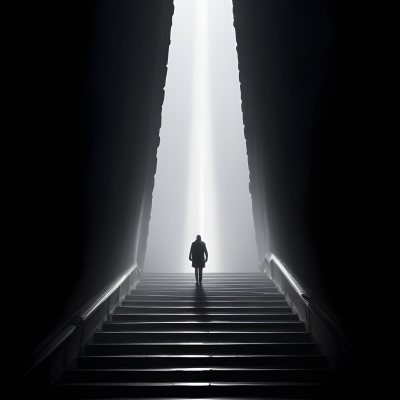 A Lone Person Walking Up A Long Dark Staircase Leading To A Bright Light At The Top In A Dimly Lit Environment 16 6630