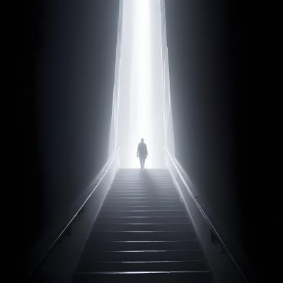 A Lone Person Walking Up A Long Dark Staircase Leading To A Bright Light At The Top In A Dimly Lit Environment 19 Fefd