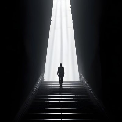 A Lone Person Walking Up A Long Dark Staircase Leading To A Bright Light At The Top In A Dimly Lit Environment 20 Cd2b