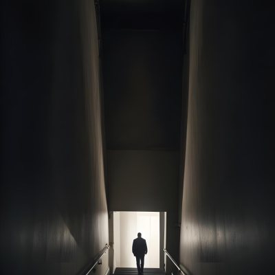 A Lone Person Walking Up A Long Dark Staircase Leading To A Bright Light At The Top In A Dimly Lit Environment 23 B174