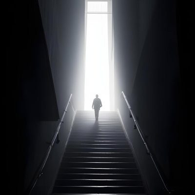 A Lone Person Walking Up A Long Dark Staircase Leading To A Bright Light At The Top In A Dimly Lit Environment 27 Cd9f
