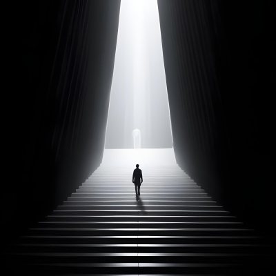 A Lone Person Walking Up A Long Dark Staircase Leading To A Bright Light At The Top In A Dimly Lit Environment 28 8203