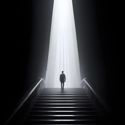 A Lone Person Walking Up A Long Dark Staircase Leading To A Bright Light At The Top In A Dimly Lit Environment 29 B3ef