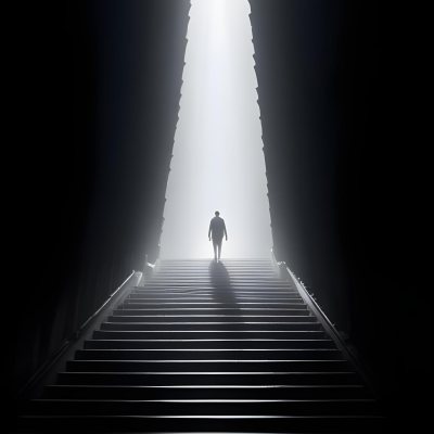 A Lone Person Walking Up A Long Dark Staircase Leading To A Bright Light At The Top In A Dimly Lit Environment 31 0539