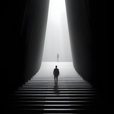 A Lone Person Walking Up A Long Dark Staircase Leading To A Bright Light At The Top In A Dimly Lit Environment 32 0623