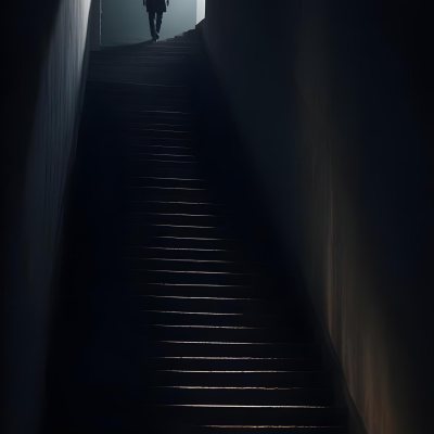 A Lone Person Walking Up A Long Dark Staircase Leading To A Bright Light At The Top In A Dimly Lit Environment 4 2f89