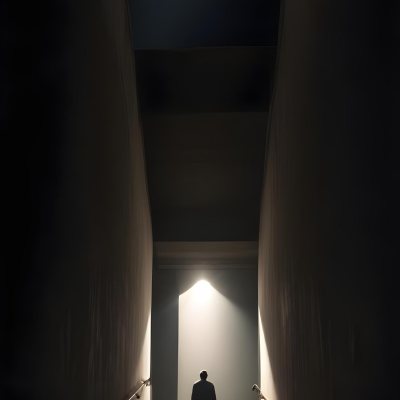 A Lone Person Walking Up A Long Dark Staircase Leading To A Bright Light At The Top In A Dimly Lit Environment 9 30cd