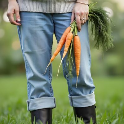 A Middle Aged Caucasian Woman With Long Blonde Hair Wearing A Denim Shirt Holding A Bunch Of Fresh Carrots In A Garden Setting 4 75ac