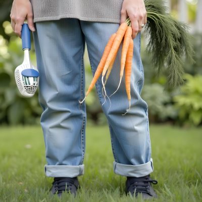 A Middle Aged Caucasian Woman With Long Blonde Hair Wearing A Denim Shirt Holding A Bunch Of Fresh Carrots In A Garden Setting 5 F746