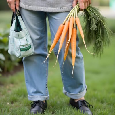 A Middle Aged Caucasian Woman With Long Blonde Hair Wearing A Denim Shirt Holding A Bunch Of Fresh Carrots In A Garden Setting 6 Fb26