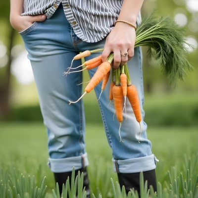 A Middle Aged Caucasian Woman With Long Blonde Hair Wearing A Denim Shirt Holding A Bunch Of Fresh Carrots In A Garden Setting 7 42e5