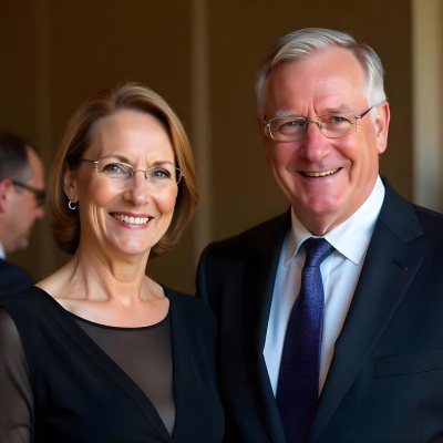A Middle Aged Caucasian Woman With Short Blonde Hair And A Middle Aged Caucasian Man With Gray Hair And Glasses Both Smiling And Dressed Formally 2 8e34