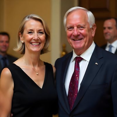A Middle Aged Caucasian Woman With Short Blonde Hair And A Middle Aged Caucasian Man With Gray Hair And Glasses Both Smiling And Dressed Formally 5 7d14