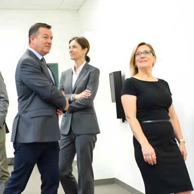 A Middle Aged Caucasian Woman With Short Blonde Hair And A Middle Aged Caucasian Man With Gray Hair And Glasses Both Smiling And Dressed Formally 7 5525