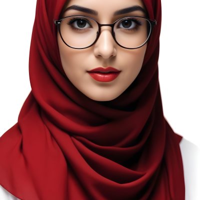 A Middle Eastern Woman 24 Years Old With Red Hair Wearing A Red Hijab And Glasses Brown Lipstick In A White Background 53 401c