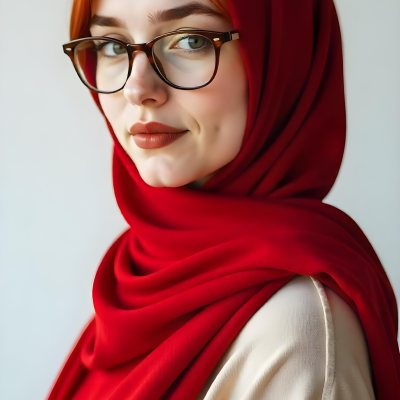 A Middle Eastern Woman 24 Years Old With Red Hair Wearing A Red Hijab And Glasses Brown Lipstick In A White Background 63 3419