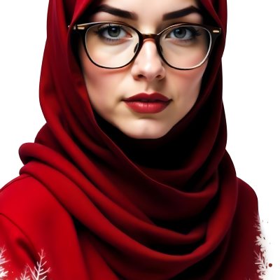 A Middle Eastern Woman 24 Years Old With Red Hair Wearing A Red Hijab And Glasses Brown Lipstick In A White Background 65 3dfa
