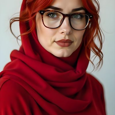 A Middle Eastern Woman 24 Years Old With Red Hair Wearing A Red Hijab And Glasses Brown Lipstick In A White Background 68 670f