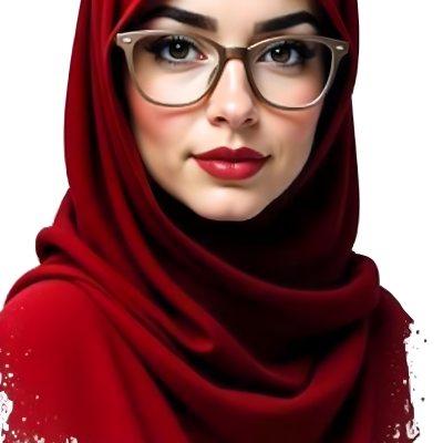 A Middle Eastern Woman 24 Years Old With Red Hair Wearing A Red Hijab And Glasses Brown Lipstick In A White Background 77 5be5