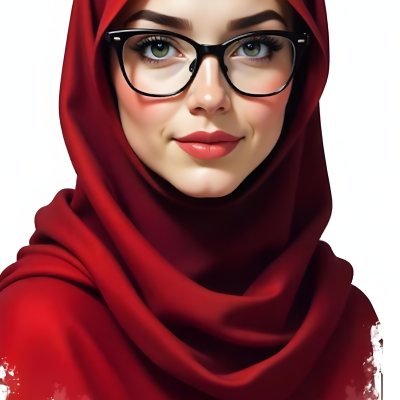 A Middle Eastern Woman 24 Years Old With Red Hair Wearing A Red Hijab And Glasses Brown Lipstick In A White Background 83 016f