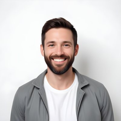A White Man 35 Years Old With Short Dark Hair And A Beard Wearing A White T Shirt And A Gray Jacket Smiling In A White Background 27 239a