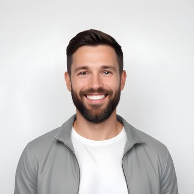 A White Man 35 Years Old With Short Dark Hair And A Beard Wearing A White T Shirt And A Gray Jacket Smiling In A White Background 29 0e5e