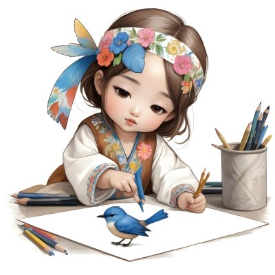 A Young Asian Girl With Long Dark Hair Wearing A Flower Crown Sitting At A Table And Drawing With Colored Pencils With A Blue Bird Perched Next To Her 17 C1fc