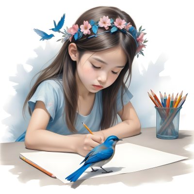 A Young Asian Girl With Long Dark Hair Wearing A Flower Crown Sitting At A Table And Drawing With Colored Pencils With A Blue Bird Perched Next To Her 389 Ba39