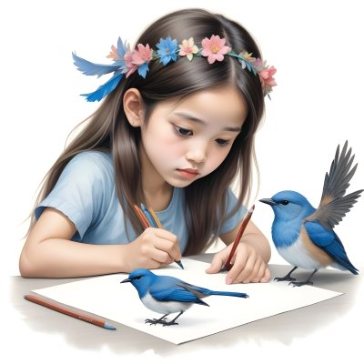 A Young Asian Girl With Long Dark Hair Wearing A Flower Crown Sitting At A Table And Drawing With Colored Pencils With A Blue Bird Perched Next To Her 401 1808