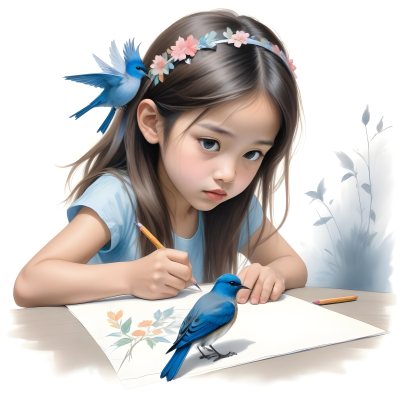 A Young Asian Girl With Long Dark Hair Wearing A Flower Crown Sitting At A Table And Drawing With Colored Pencils With A Blue Bird Perched Next To Her 403 F2f7