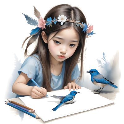 A Young Asian Girl With Long Dark Hair Wearing A Flower Crown Sitting At A Table And Drawing With Colored Pencils With A Blue Bird Perched Next To Her 405 2f6e