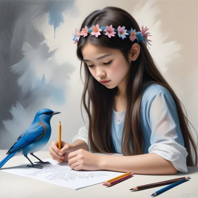 A Young Asian Girl With Long Dark Hair Wearing A Flower Crown Sitting At A Table And Drawing With Colored Pencils With A Blue Bird Perched Next To Her 410 1665