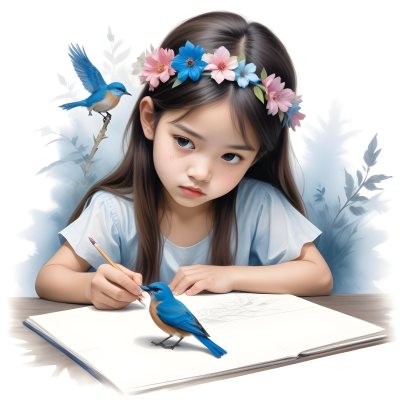A Young Asian Girl With Long Dark Hair Wearing A Flower Crown Sitting At A Table And Drawing With Colored Pencils With A Blue Bird Perched Next To Her 413 F0a7
