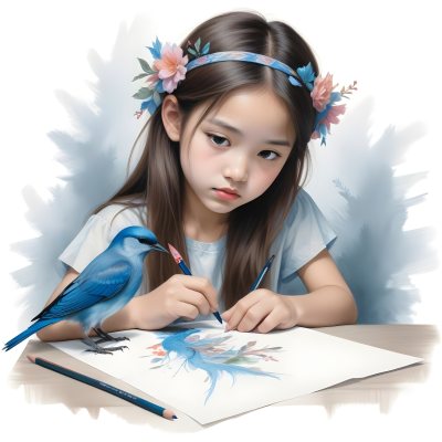 A Young Asian Girl With Long Dark Hair Wearing A Flower Crown Sitting At A Table And Drawing With Colored Pencils With A Blue Bird Perched Next To Her 422 B6c1