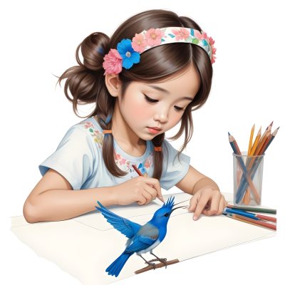 A Young Asian Girl With Long Dark Hair Wearing A Flower Crown Sitting At A Table And Drawing With Colored Pencils With A Blue Bird Perched Next To Her 43 Ada1