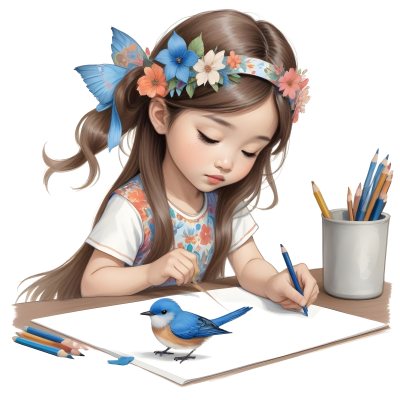 A Young Asian Girl With Long Dark Hair Wearing A Flower Crown Sitting At A Table And Drawing With Colored Pencils With A Blue Bird Perched Next To Her 44 Bb68