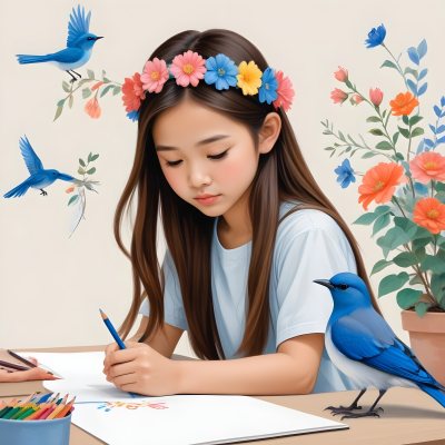 A Young Asian Girl With Long Dark Hair Wearing A Flower Crown Sitting At A Table And Drawing With Colored Pencils With A Blue Bird Perched Next To Her 6 F76f