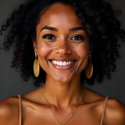 A Young Black Woman With Curly Dark Hair And A Warm Friendly Smile 2 702b