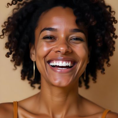 A Young Black Woman With Curly Dark Hair And A Warm Friendly Smile 25 907b