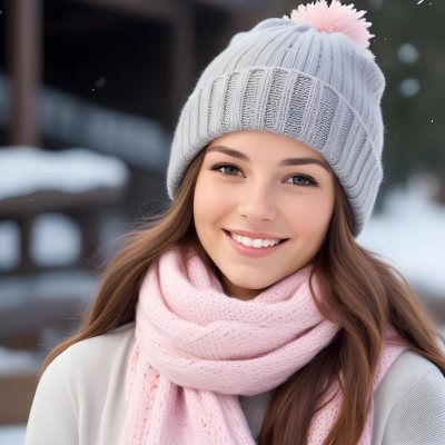 A Young Caucasian Woman With Long Brown Hair Wearing A Gray Knit Hat And A Light Pink Scarf Smiling And Looking At The Camera In A Snowy Outdoor Setting 14 F452