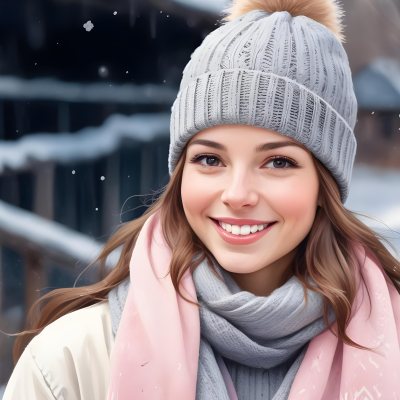A Young Caucasian Woman With Long Brown Hair Wearing A Gray Knit Hat And A Light Pink Scarf Smiling And Looking At The Camera In A Snowy Outdoor Setting 2 84c4