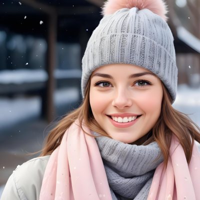 A Young Caucasian Woman With Long Brown Hair Wearing A Gray Knit Hat And A Light Pink Scarf Smiling And Looking At The Camera In A Snowy Outdoor Setting 4 6d7c
