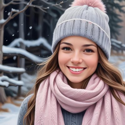 A Young Caucasian Woman With Long Brown Hair Wearing A Gray Knit Hat And A Light Pink Scarf Smiling And Looking At The Camera In A Snowy Outdoor Setting 7 E795