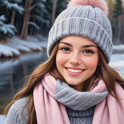 A Young Caucasian Woman With Long Brown Hair Wearing A Gray Knit Hat And A Light Pink Scarf Smiling And Looking At The Camera In A Snowy Outdoor Setting 8 31ad