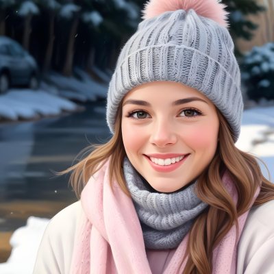 A Young Caucasian Woman With Long Brown Hair Wearing A Gray Knit Hat And A Light Pink Scarf Smiling And Looking At The Camera In A Snowy Outdoor Setting 9 94af