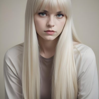 A Young Caucasian Woman With Long Straight Platinum Blonde Hair And Bangs Staring Directly At The Camera With A Serious Expression 2 8835